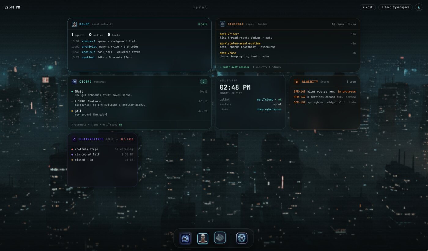 The sprwl home screen: live widgets for agent activity, repositories and builds, messages, issues, and calls, over a night-city backdrop.