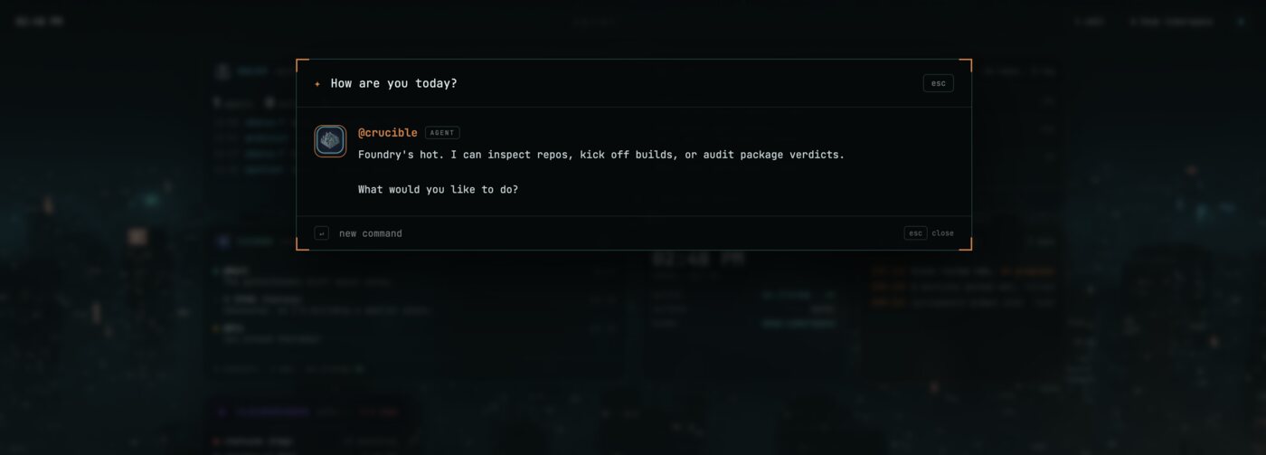 The sprwl command bar open over the home screen: a question typed at the top, and the Crucible agent replying that it can inspect repos, start builds, or audit package verdicts.